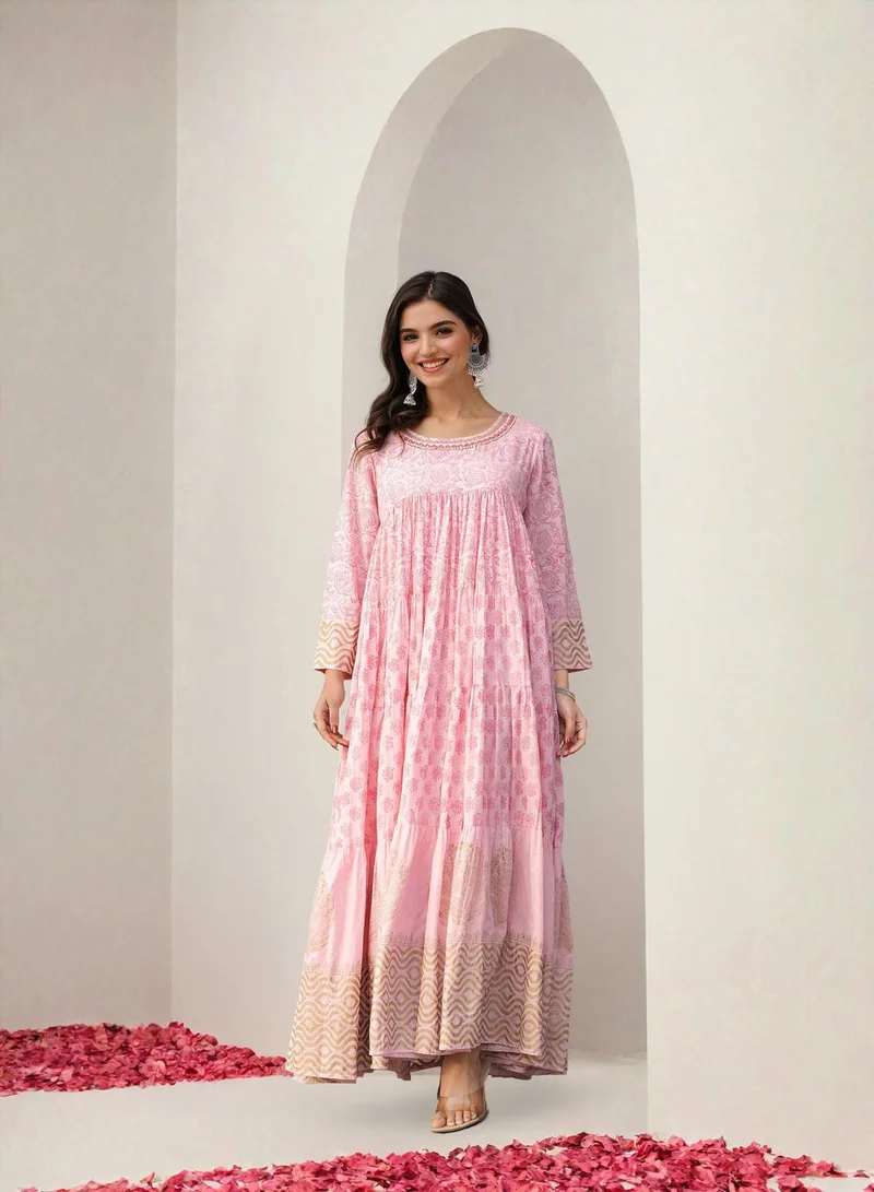 آي شين Women's Pink 100% Cotton Embellished Midi Kaftan Straight Fit Dress